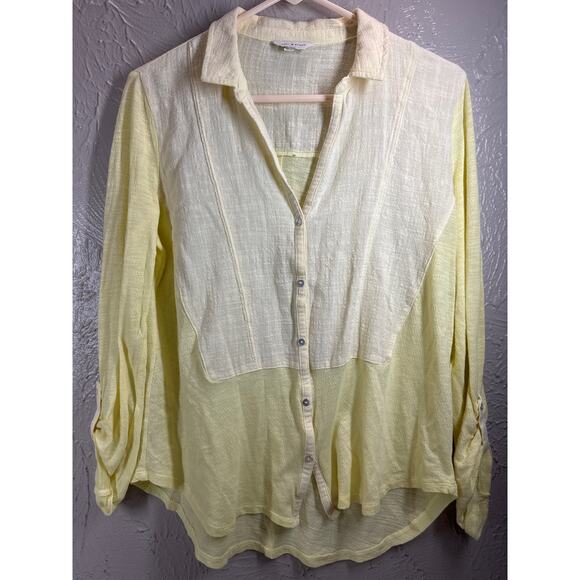 Lucky Brand Womens Top Yellow Roll Sleeve Button Blouse Cotton Blend Sz Medium - Picture 1 of 5